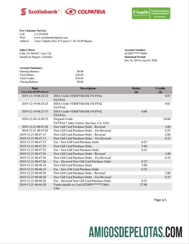 Exemplo de declaração do Scotiabank Colpatria da Colômbia